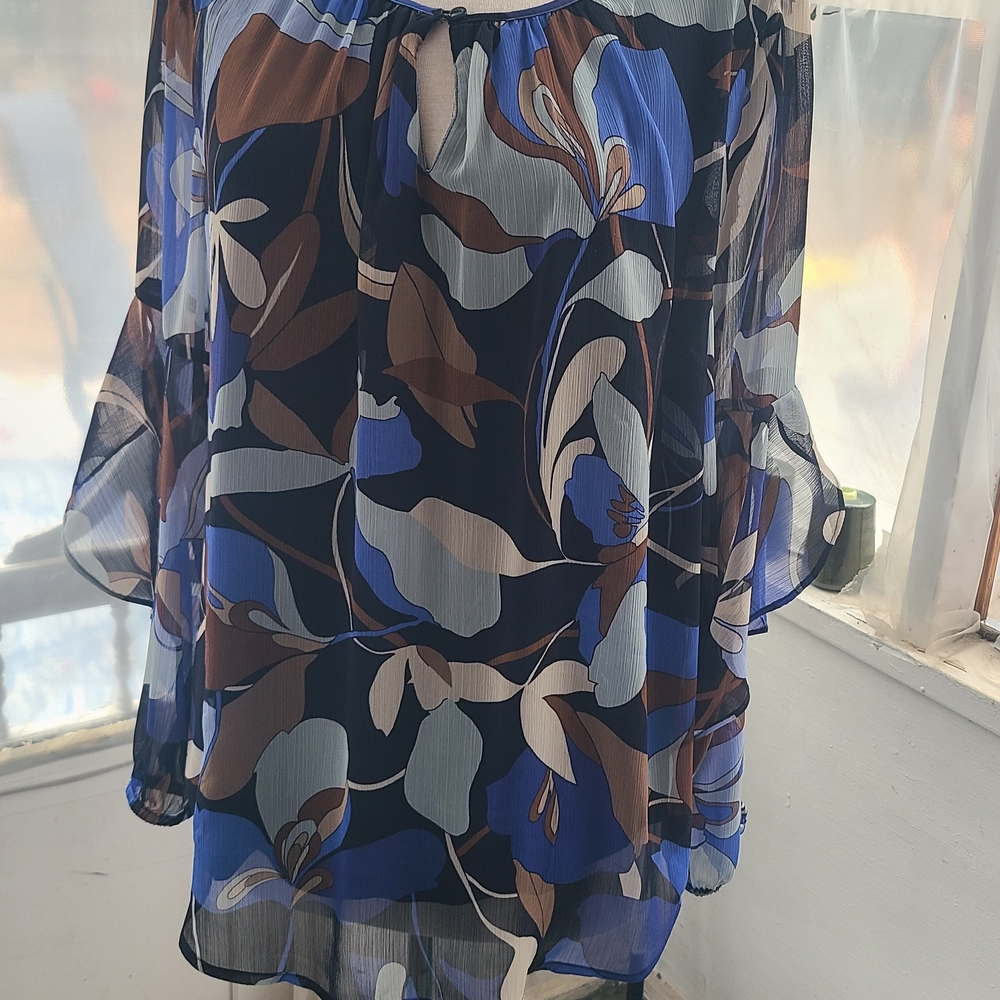 Chico's Blue and Brown Leaf Print Blouse